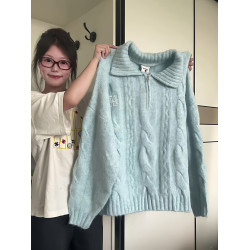 藍色奶fufu慵懶學院風套頭毛衣女秋冬季2025韓系寬松翻領針織上衣