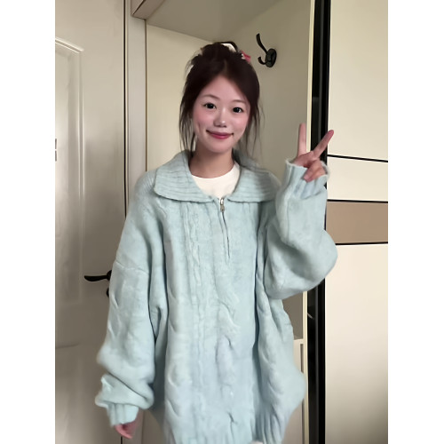 藍色奶fufu慵懶學院風套頭毛衣女秋冬季2025韓系寬松翻領針織上衣