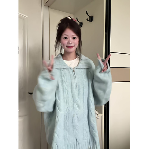 藍色奶fufu慵懶學院風套頭毛衣女秋冬季2025韓系寬松翻領針織上衣