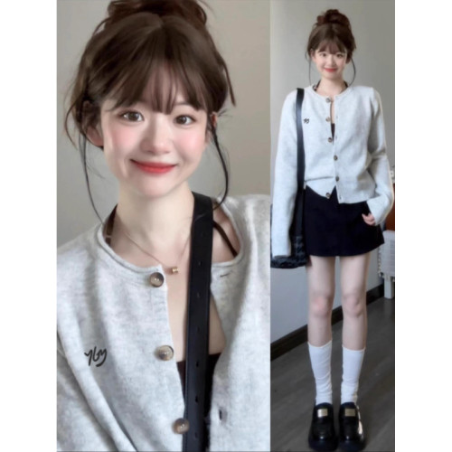 韓系休閒慵嬾風灰色針織開衫女秋季2025新款氣質顯瘦外搭長袖上衣