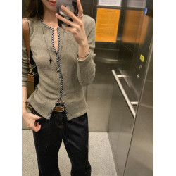 文藝日雜~松弛感灰色收腰長袖針織衫女秋寬鬆顯瘦百搭打底衫上衣