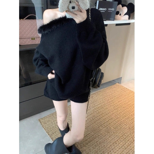 慵懶風露肩辣妹休閒套裝女秋冬斜肩毛毛領針織毛衣卷邊短褲兩件套