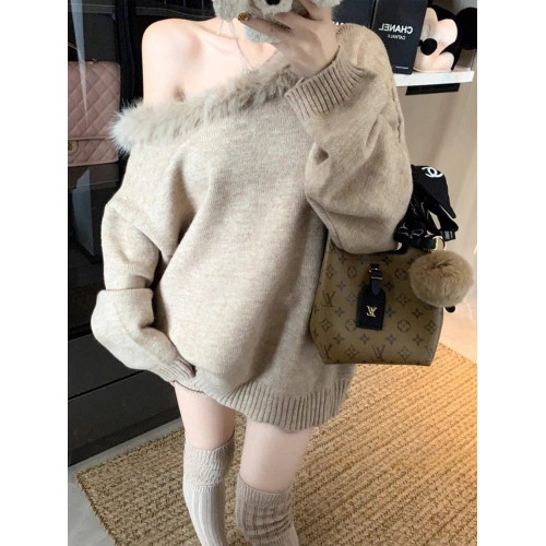 慵懶風露肩辣妹休閒套裝女秋冬斜肩毛毛領針織毛衣卷邊短褲兩件套