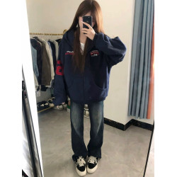 2025新款藏青色重磅刺綉連帽開衫衛衣女春秋薄款高街寬松潮牌外套