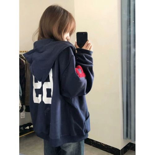 2025新款藏青色重磅刺綉連帽開衫衛衣女春秋薄款高街寬松潮牌外套 2025新款藏青色重磅刺綉連帽開衫衛衣女春秋薄款高街寬松潮牌外套