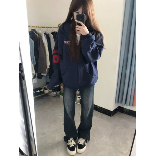 2025新款藏青色重磅刺綉連帽開衫衛衣女春秋薄款高街寬松潮牌外套 2025新款藏青色重磅刺綉連帽開衫衛衣女春秋薄款高街寬松潮牌外套