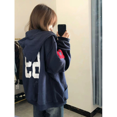 2025新款藏青色重磅刺綉連帽開衫衛衣女春秋薄款高街寬松潮牌外套 2025新款藏青色重磅刺綉連帽開衫衛衣女春秋薄款高街寬松潮牌外套