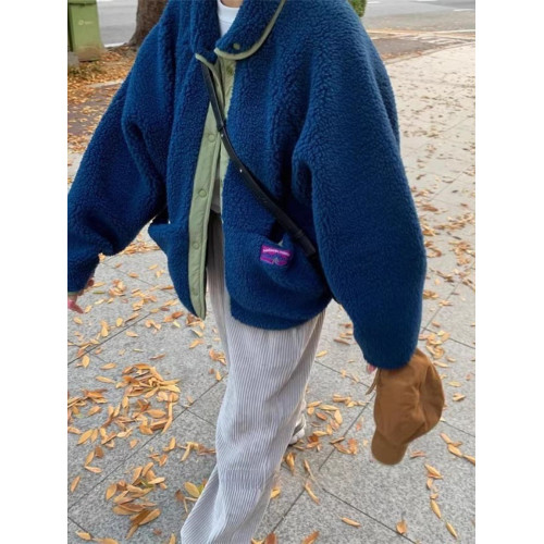 韓國chic秋冬復古小衆兩面穿小標簽設計寬松百搭長袖羊羔毛外套女