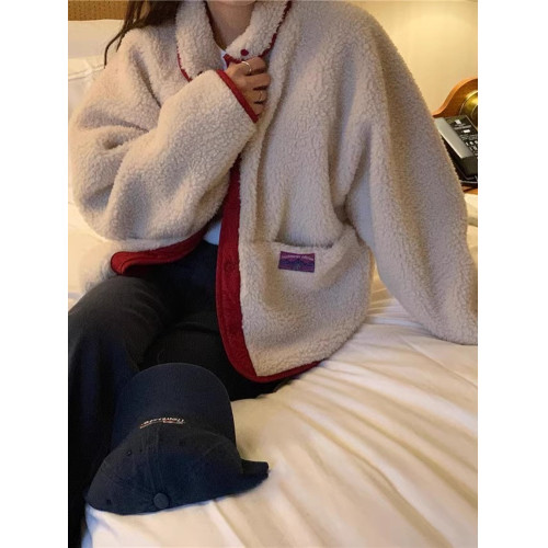 韓國chic秋冬復古小衆兩面穿小標簽設計寬松百搭長袖羊羔毛外套女