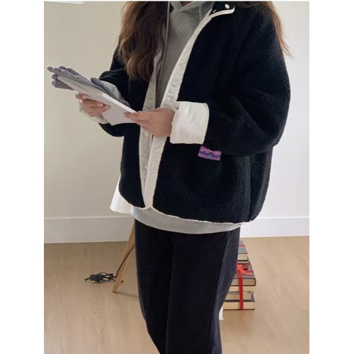 韓國chic秋冬復古小衆兩面穿小標簽設計寬松百搭長袖羊羔毛外套女