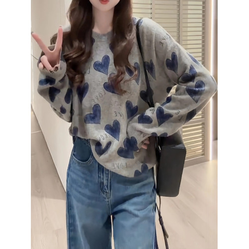 慵嬾寬鬆長袖針織衫毛衣女2026春季大碼胖MM顯瘦減齡愛心字母上衣