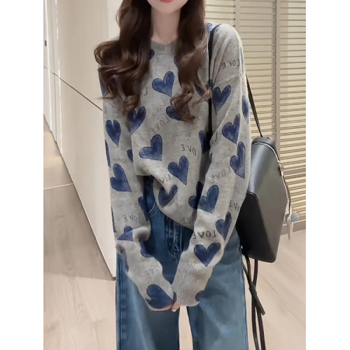 慵嬾寬鬆長袖針織衫毛衣女2026春季大碼胖MM顯瘦減齡愛心字母上衣