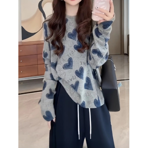 慵嬾寬鬆長袖針織衫毛衣女2026春季大碼胖MM顯瘦減齡愛心字母上衣