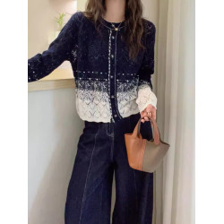 漸變色滿天星針織開衫女秋季新款小香風寬松撞色長袖毛衣外搭上衣