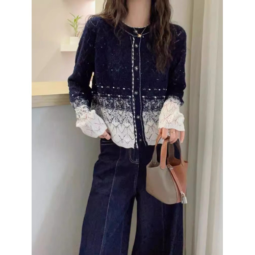 漸變色滿天星針織開衫女秋季新款小香風寬松撞色長袖毛衣外搭上衣