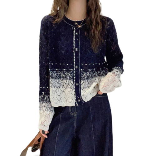 漸變色滿天星針織開衫女秋季新款小香風寬松撞色長袖毛衣外搭上衣