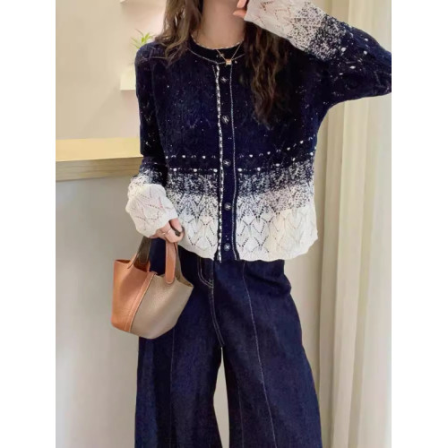 漸變色滿天星針織開衫女秋季新款小香風寬松撞色長袖毛衣外搭上衣