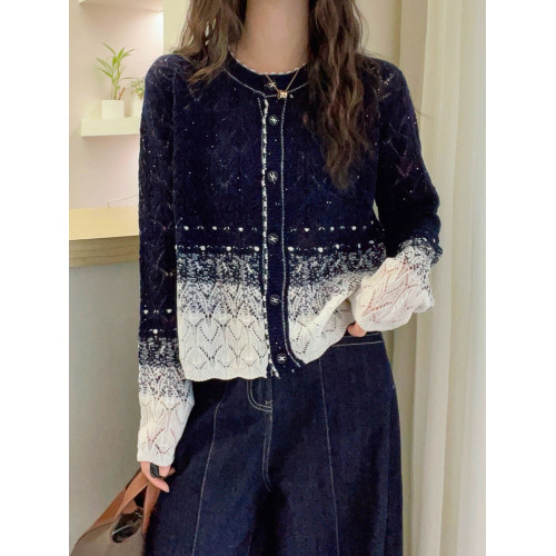 漸變色滿天星針織開衫女秋季新款小香風寬松撞色長袖毛衣外搭上衣