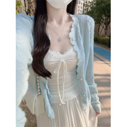 Bluee33 清純白色馬海毛麻花珍珠釦手工鉤花針織開衫圓領毛衣外套