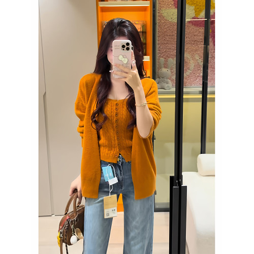 多巴胺橘色麻花針織背心女早秋季寬松軟糯曡穿開衫毛衣外套兩件套