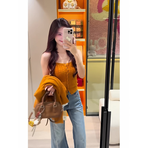 多巴胺橘色麻花針織背心女早秋季寬松軟糯曡穿開衫毛衣外套兩件套