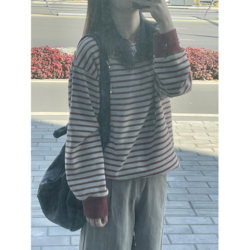 2025早秋新款紅色條紋毛衣慵懶高級感寬松休閒內搭針織打底衫上衣