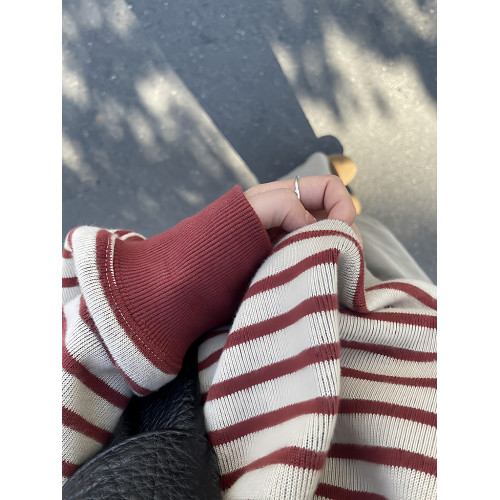 2025早秋新款紅色條紋毛衣慵懶高級感寬松休閒內搭針織打底衫上衣