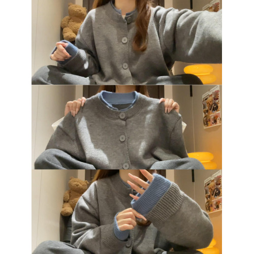 2025新款早秋季慵懶韓系穿搭灰色假兩件針織衫毛衣開衫外套上衣女