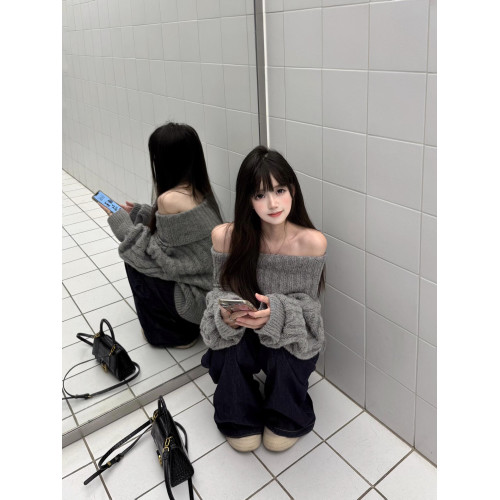 韓系秋冬灰色露肩毛衣上衣一字肩寬松顯瘦高級感麻花慵懶風針織衫