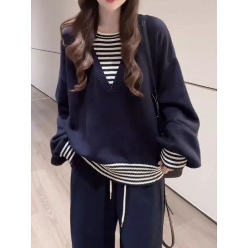 慵懶風條紋拼接假兩件針織衫女秋季大碼胖MM時尚寬松休閒長袖毛衣 慵懶風條紋拼接假兩件針織衫女秋季大碼胖MM時尚寬松休閒長袖毛衣
