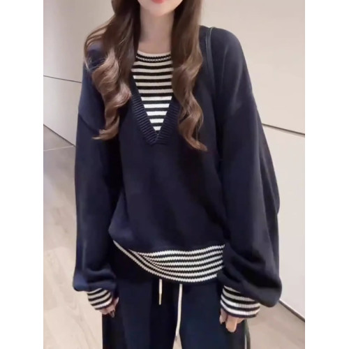 慵懶風條紋拼接假兩件針織衫女秋季大碼胖MM時尚寬松休閒長袖毛衣 慵懶風條紋拼接假兩件針織衫女秋季大碼胖MM時尚寬松休閒長袖毛衣