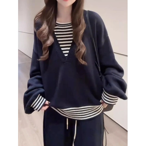 慵懶風條紋拼接假兩件針織衫女秋季大碼胖MM時尚寬松休閒長袖毛衣 慵懶風條紋拼接假兩件針織衫女秋季大碼胖MM時尚寬松休閒長袖毛衣