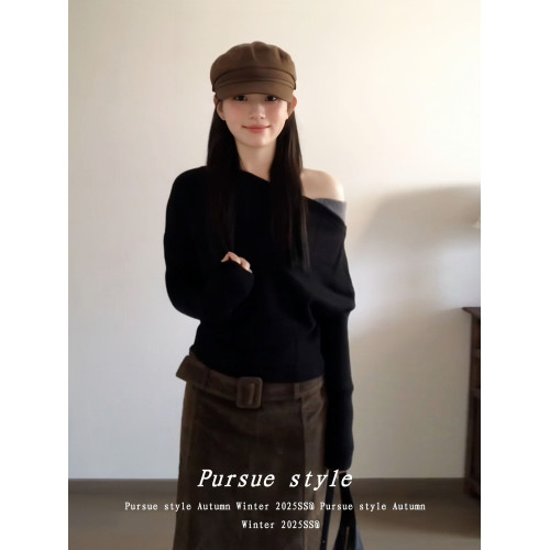 【暗夜序曲】設計感斜肩針織衫女秋季撞色拼接毛衣黑色露肩上衣潮 【暗夜序曲】設計感斜肩針織衫女秋季撞色拼接毛衣黑色露肩上衣潮