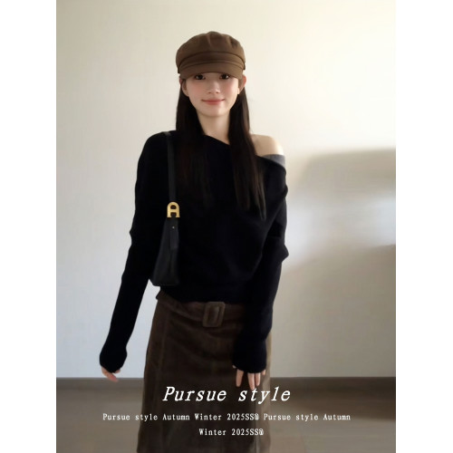 【暗夜序曲】設計感斜肩針織衫女秋季撞色拼接毛衣黑色露肩上衣潮 【暗夜序曲】設計感斜肩針織衫女秋季撞色拼接毛衣黑色露肩上衣潮