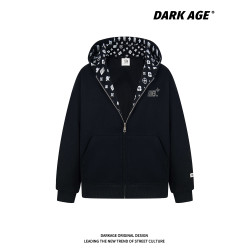 DARKAGE美式印花開衫連帽衛衣外套男女秋冬加絨情侶潮牌拉鍊上衣