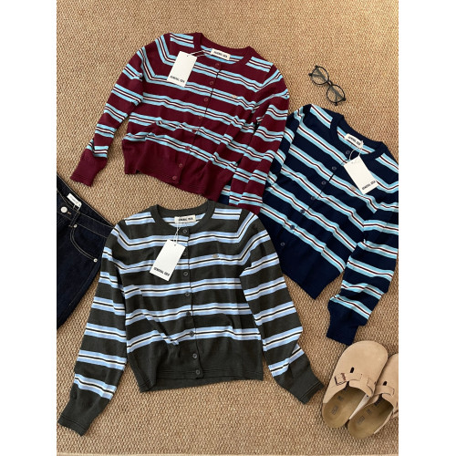 wendy同款 韓代小衆 miu系高智感撞色條紋收腰短款針織開衫外套