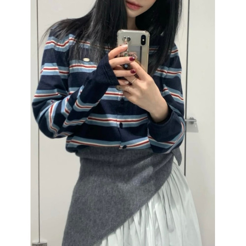 wendy同款 韓代小衆 miu系高智感撞色條紋收腰短款針織開衫外套