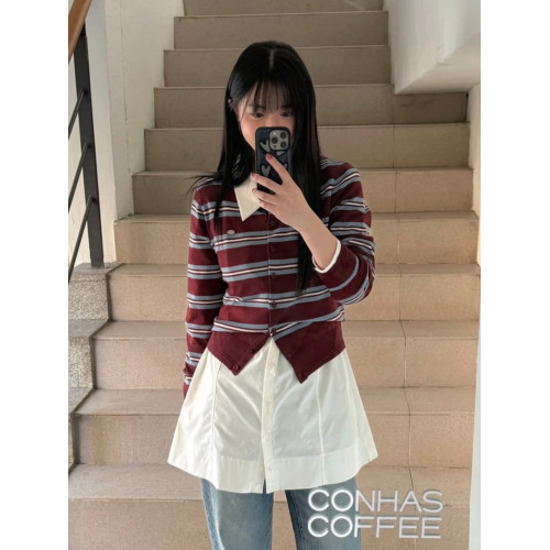 wendy同款 韓代小衆 miu系高智感撞色條紋收腰短款針織開衫外套