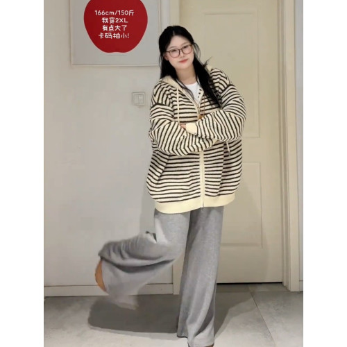 大碼微胖連帽條紋針織開衫外套女秋季韓版慵嬾風胖MM寬鬆休閒上衣