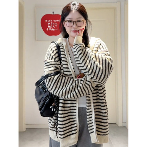 大碼微胖連帽條紋針織開衫外套女秋季韓版慵嬾風胖MM寬鬆休閒上衣