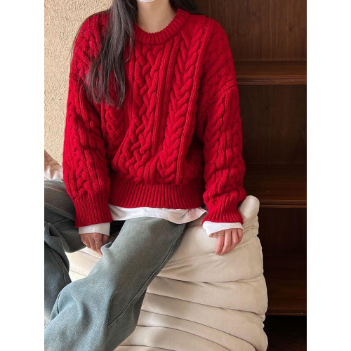 韓國秋冬ins同款八奶家麻花長袖針織衫高品質粗針寬松套頭毛衣女