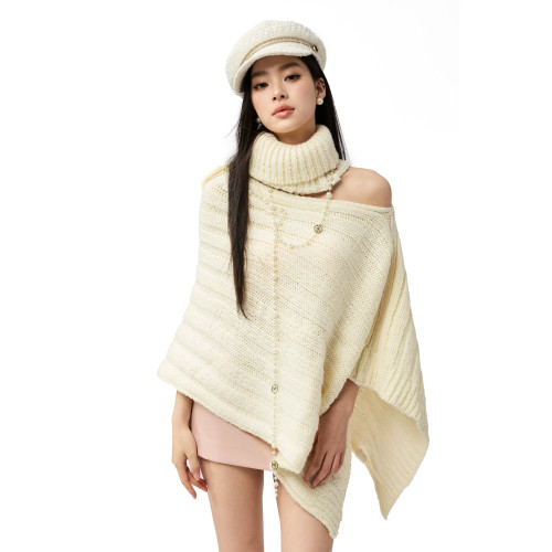 4muggle“剛柔物語”白色棒針針織鬥篷不規則純欲毛衣露肩上衣女