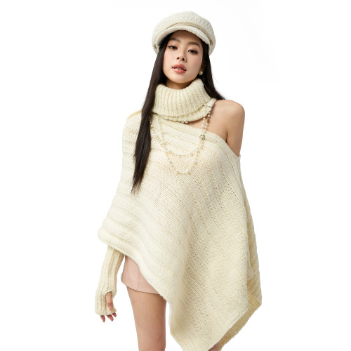 4muggle“剛柔物語”白色棒針針織鬥篷不規則純欲毛衣露肩上衣女