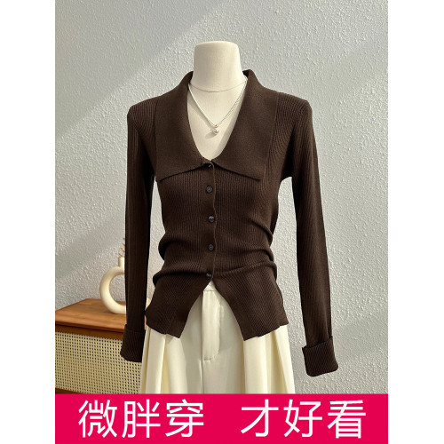 洋氣大碼胖MM法式復古翻領針織開衫女春秋冬顯瘦內搭打底毛衣女裝