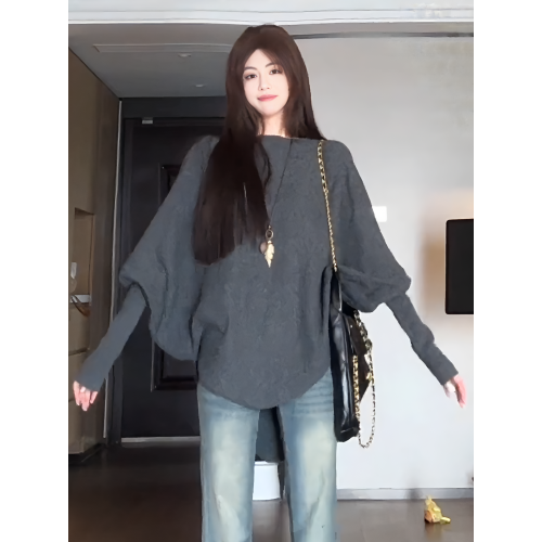 大碼胖mm韓系慵懶風V領長袖針織衫女秋冬不規則設計感蝙蝠袖上衣