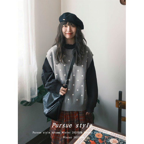 【柔礫觸感】日系波點無袖背心女秋冬針織曡穿馬甲灰色軟糯上衣潮