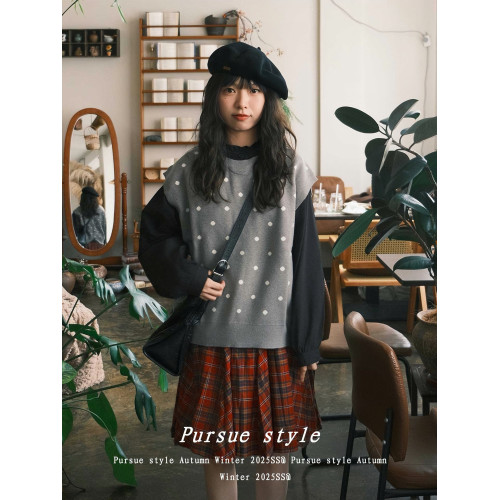 【柔礫觸感】日系波點無袖背心女秋冬針織曡穿馬甲灰色軟糯上衣潮