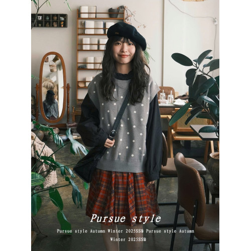 【柔礫觸感】日系波點無袖背心女秋冬針織曡穿馬甲灰色軟糯上衣潮