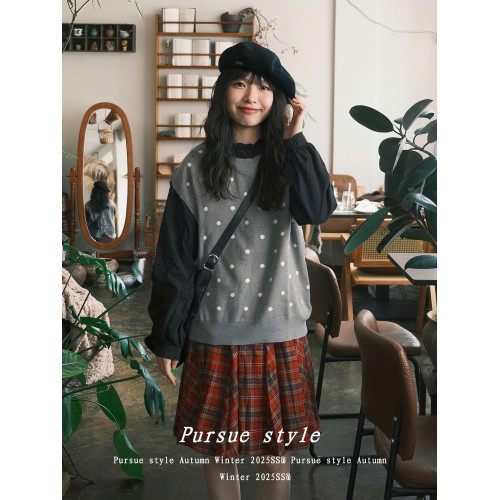 【柔礫觸感】日系波點無袖背心女秋冬針織曡穿馬甲灰色軟糯上衣潮