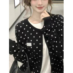 甜美韓系黑色波點薄款針織開衫上衣女早秋季穿搭短款毛衣外套